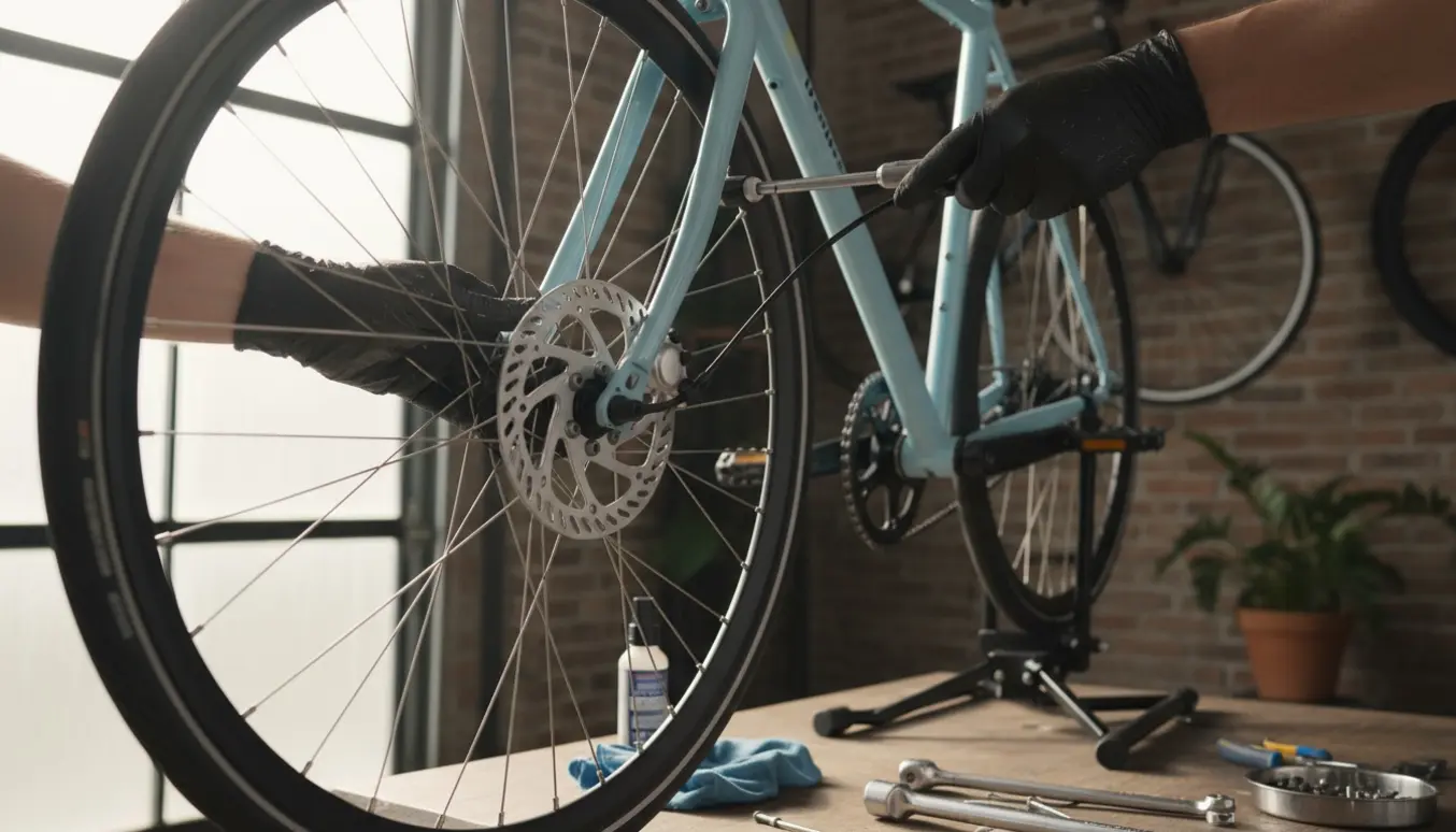 Veloretti-stil citybike på reparationsstativ mens nye forbremser monteres af hænder uden synlige ansigter.
