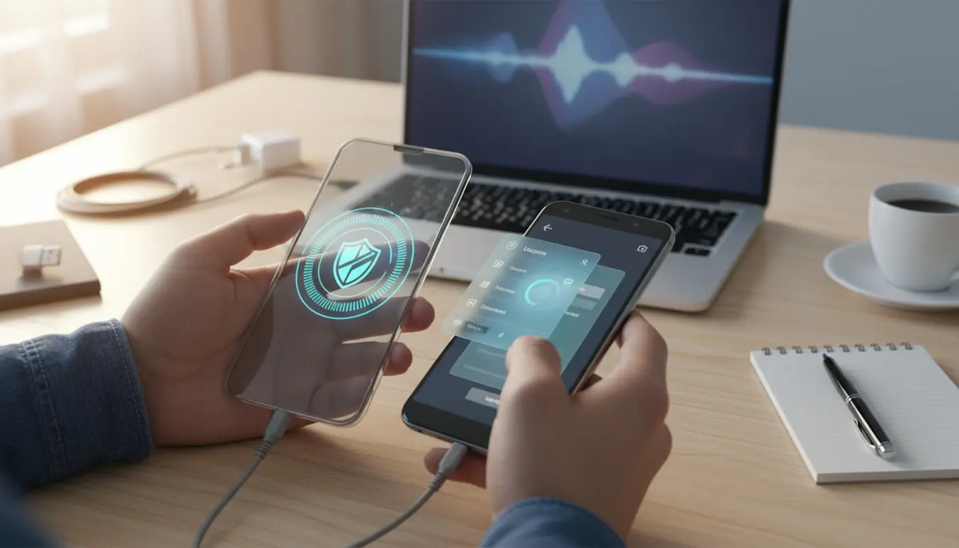 Hænder holder en telefon med antivirus-scanning og login-advarsler, med en bærbar computer tilsluttet ved siden af.