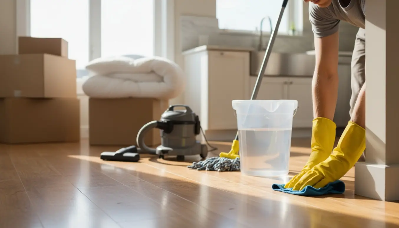 Hænder i gummihandsker pudser fodlister og mopper gulvet i en lys, tom lejlighed klar til fraflytning.