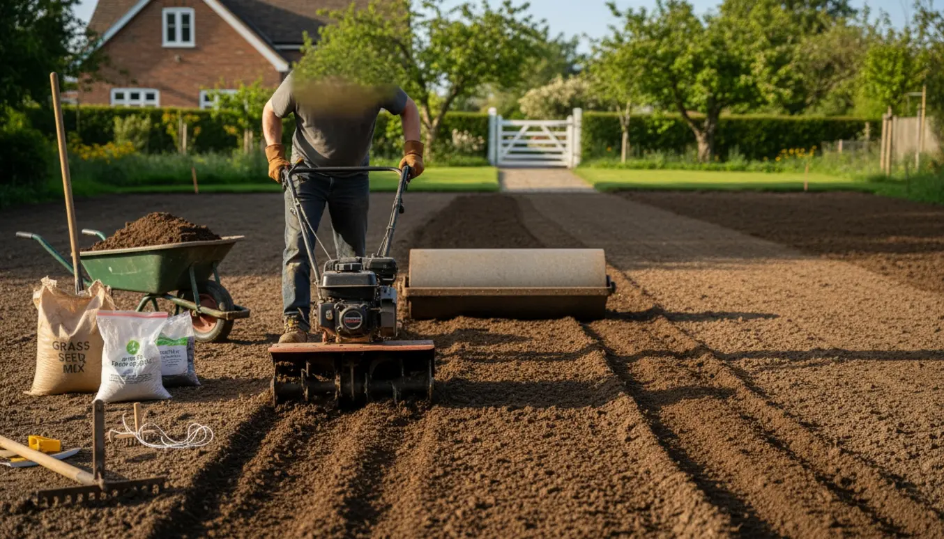 En havefræser og en tromle forbereder en stor græsplæne til såning med sække med frø og gødning ved siden.