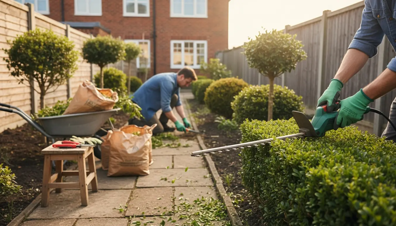 Person klipper lille hæk og fjerner ukrudt mellem fliserne ved et rækkehus, mens haveaffald lægges i en trillebør.