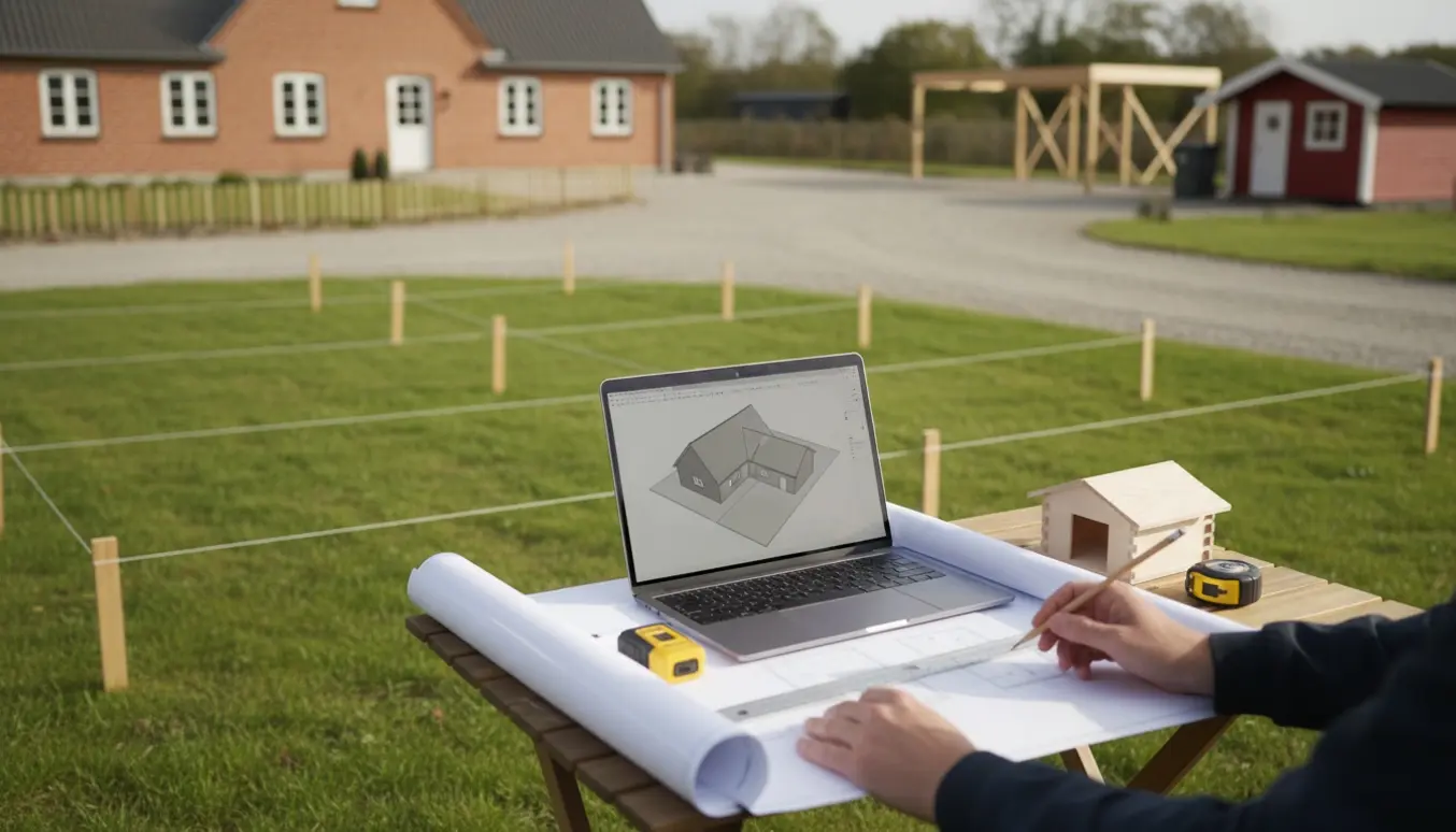 Arbejdsbord med laptop og 3D-model foran hus, hegn, carport og skur på en solrig ejendom.