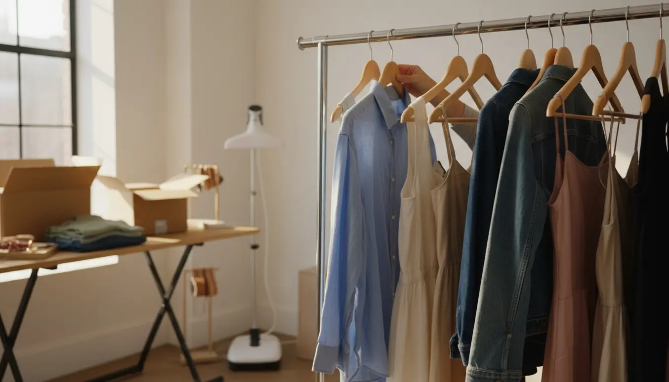 Hænder hænger tøj op på bøjler i en lys og ryddelig popup-tøjbutik.