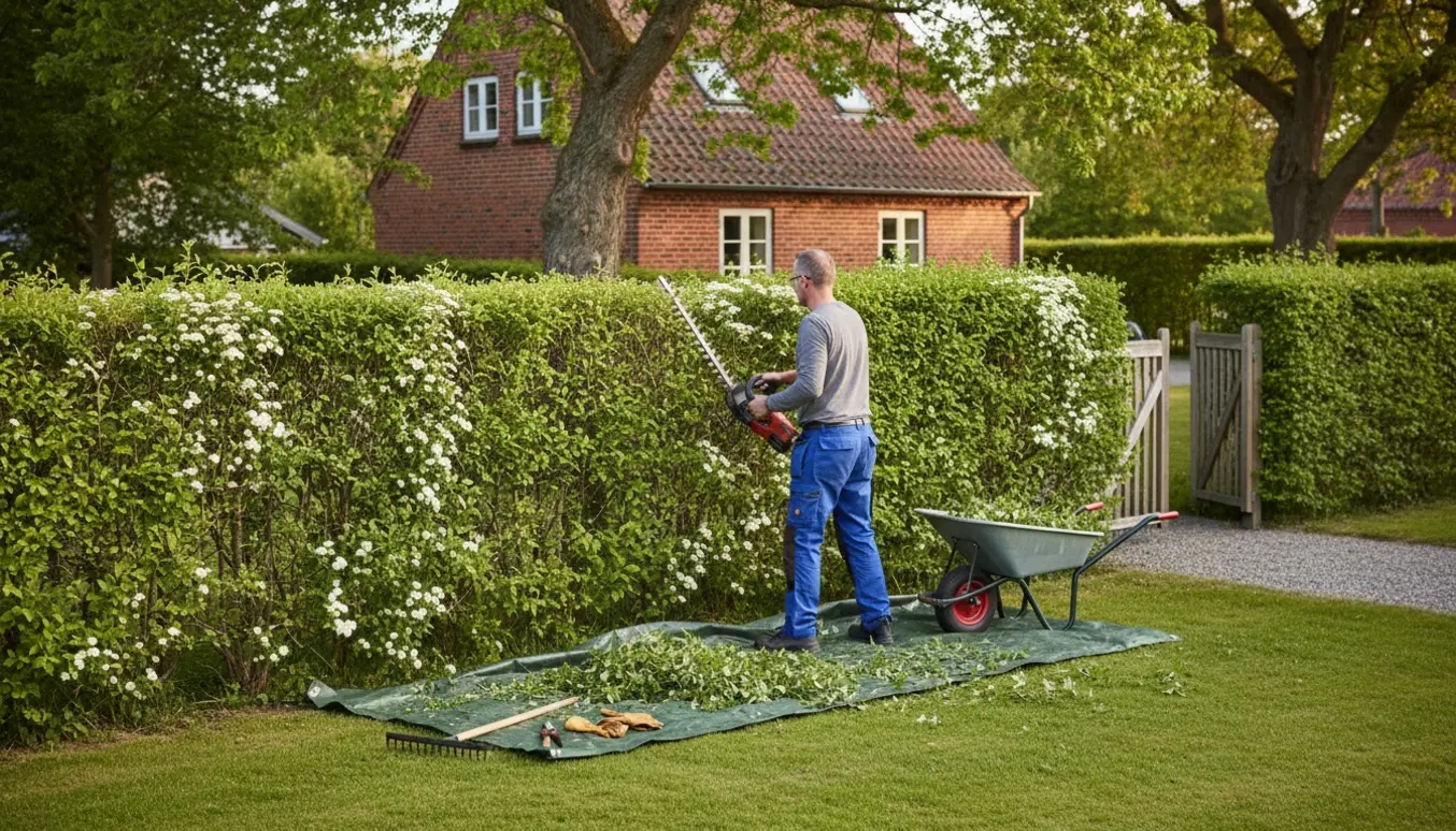 En person ses bagfra, mens en spireahæk klippes ned og afklip samles i en trillebør i en velplejet have.