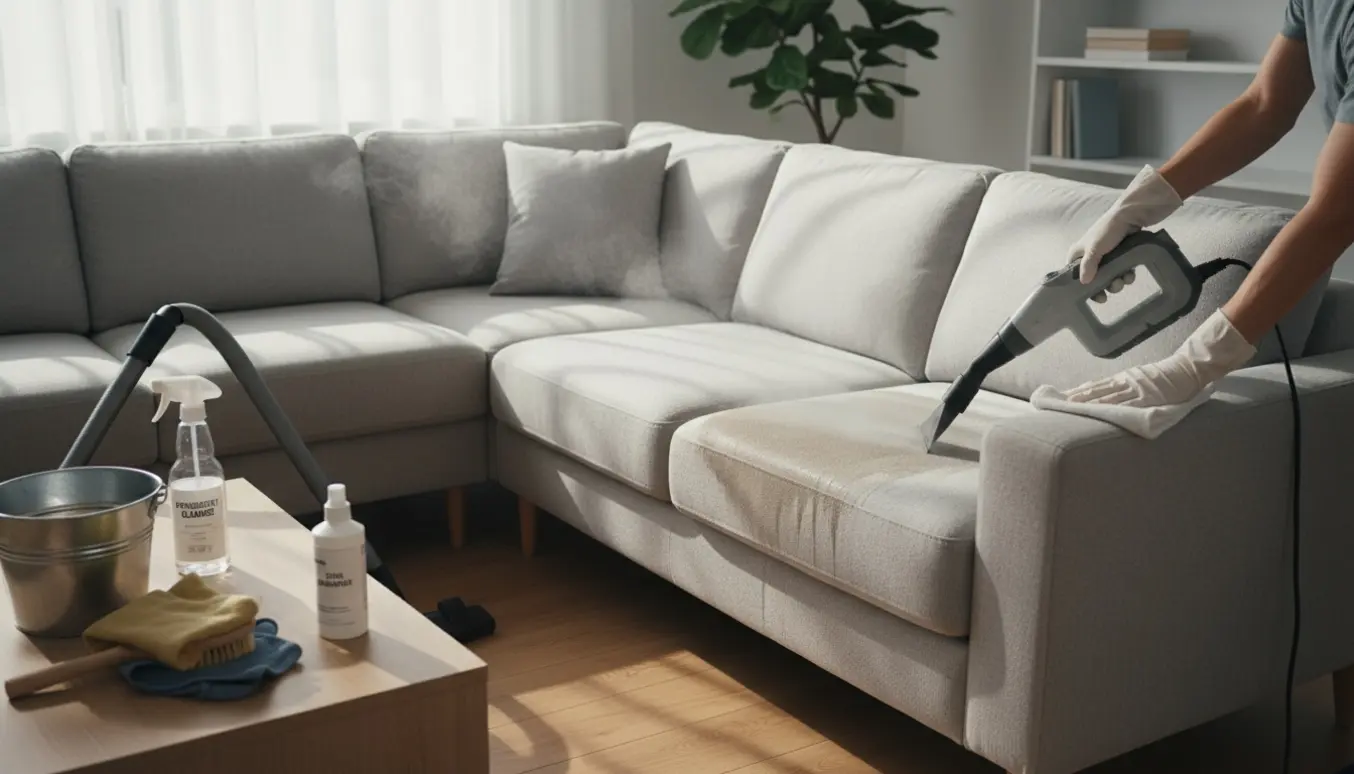 Hænder renser en lys grå hjørnesofa med dampmundstykke og microfiberklud i en lys stue.
