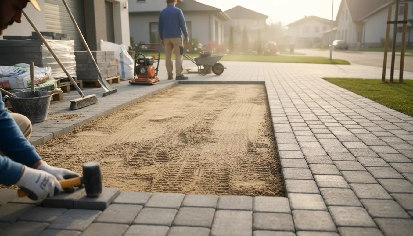 Anlæggelse af en opkørsel til fortovet med belægningssten, grus og håndværktøj.