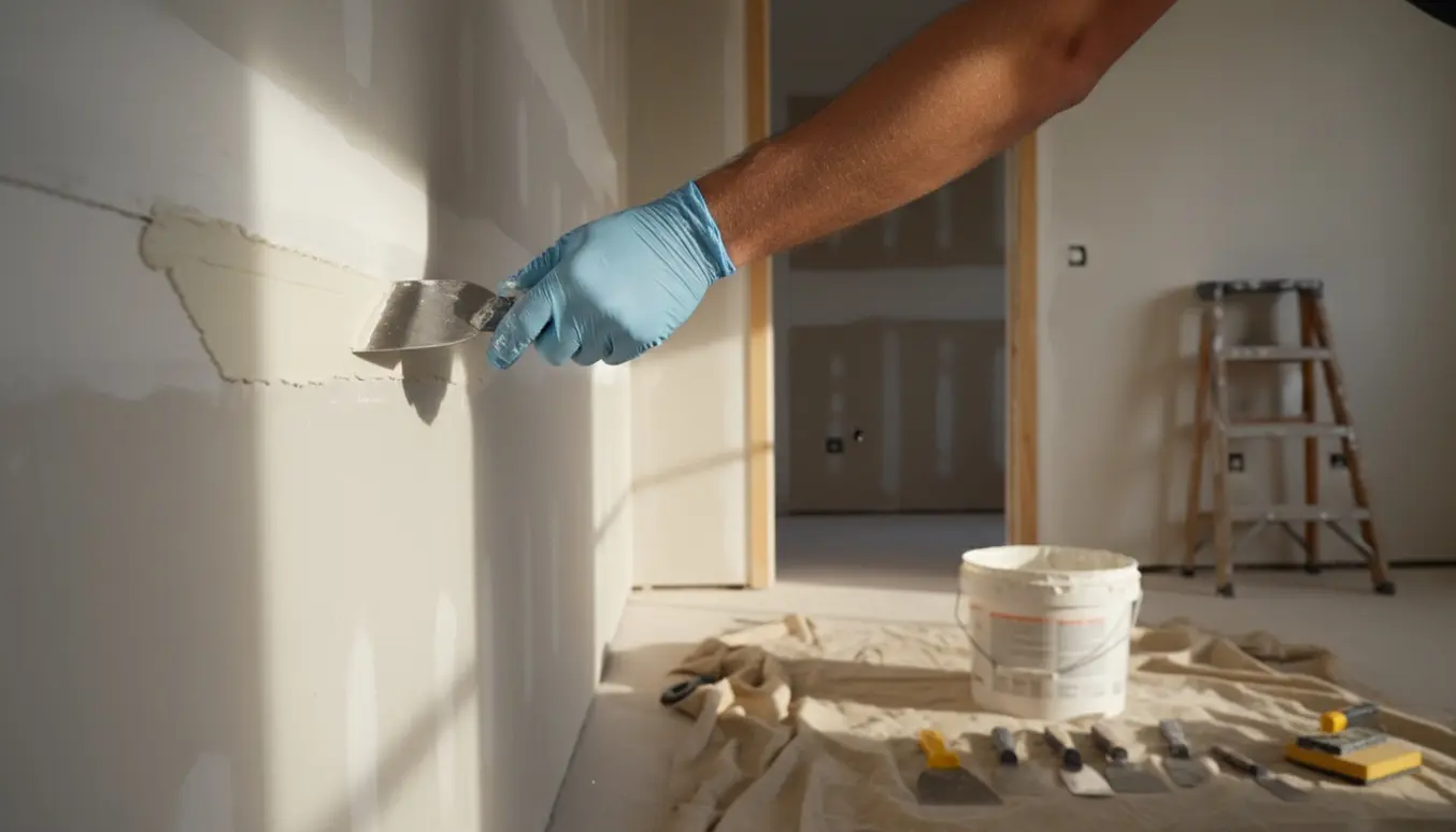 Nærbillede af hænder, der spartler en væg med reparerede vægge og værktøj i de to tilstødende rum.