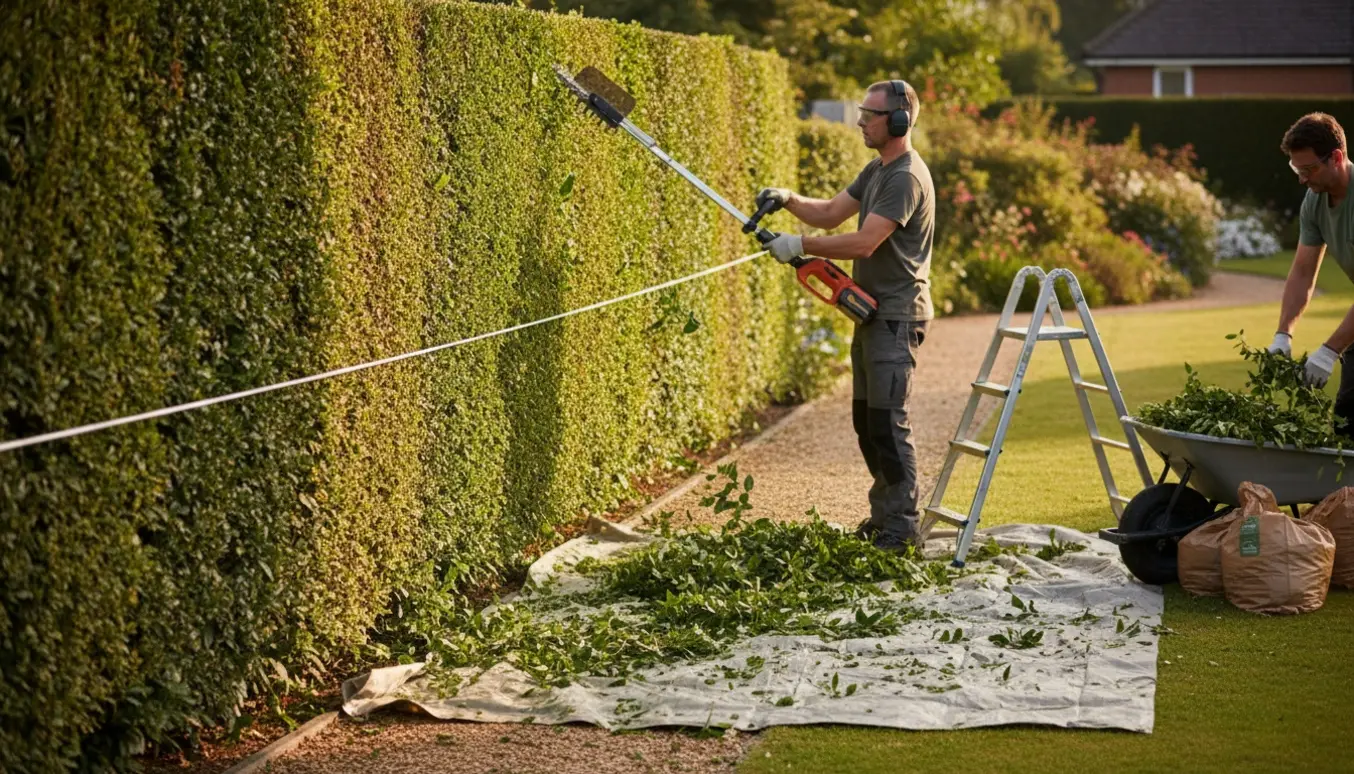 Toppen af en høj ligusterhæk klippes ned, og afklip samles i en trillebør.
