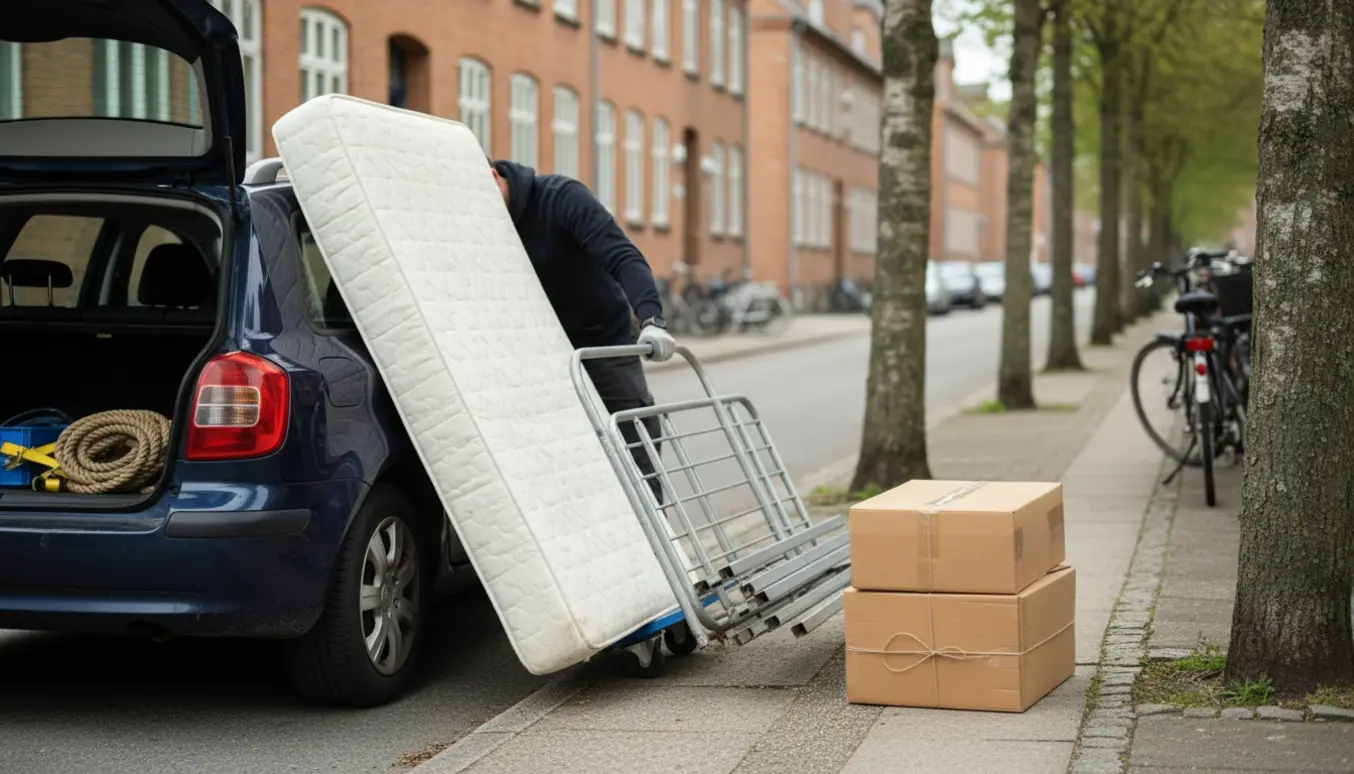 Madras og bundtet pap ved fortovet klar til afhentning og læsning i en bil.