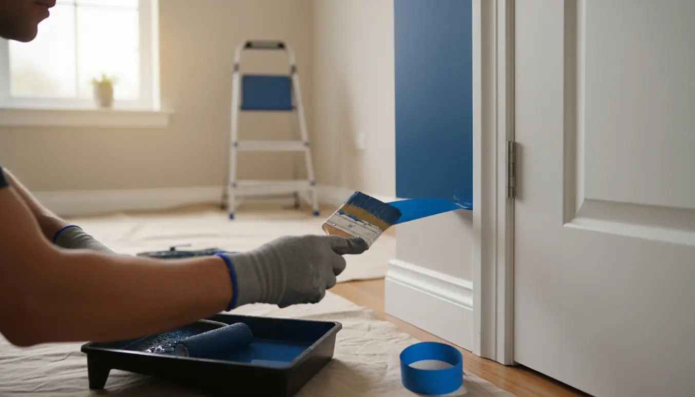 En maler skaber skarpe lodrette og vandrette kantlinjer med pensel og malerbånd i et lyst rum.