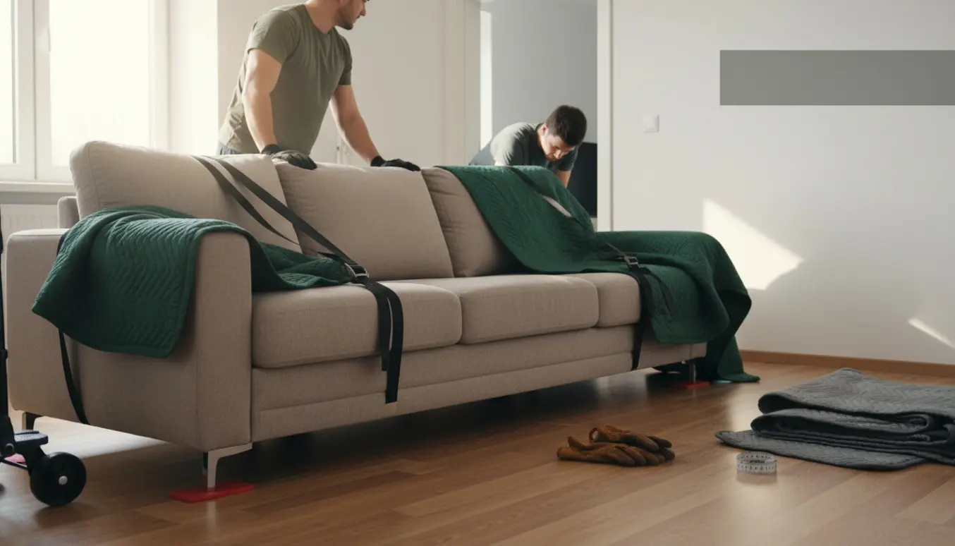 To personer bærer en stor sofa gennem en lys lejlighed, ansigter skjult.