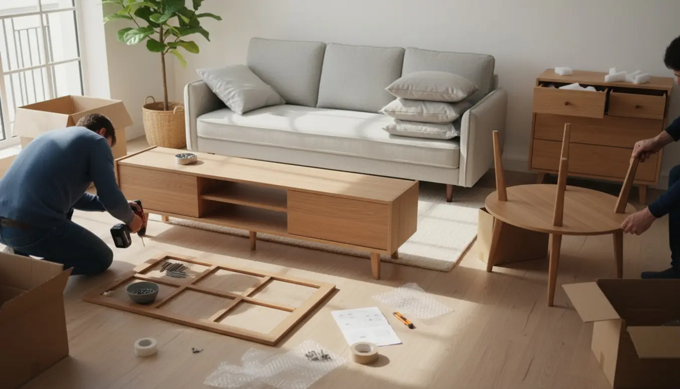 Hænder monterer ny sofa, tv-bord, sofabord og kommode i en lys stue med en boremaskine.