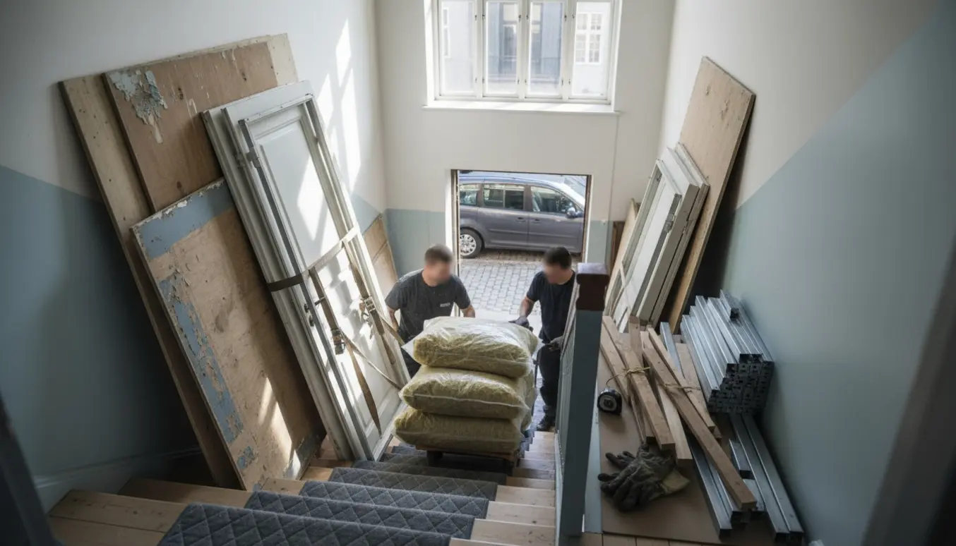 Byggematerialer og håndværktøj stablet i en trappeopgang på 4. sal, klar til afhentning.