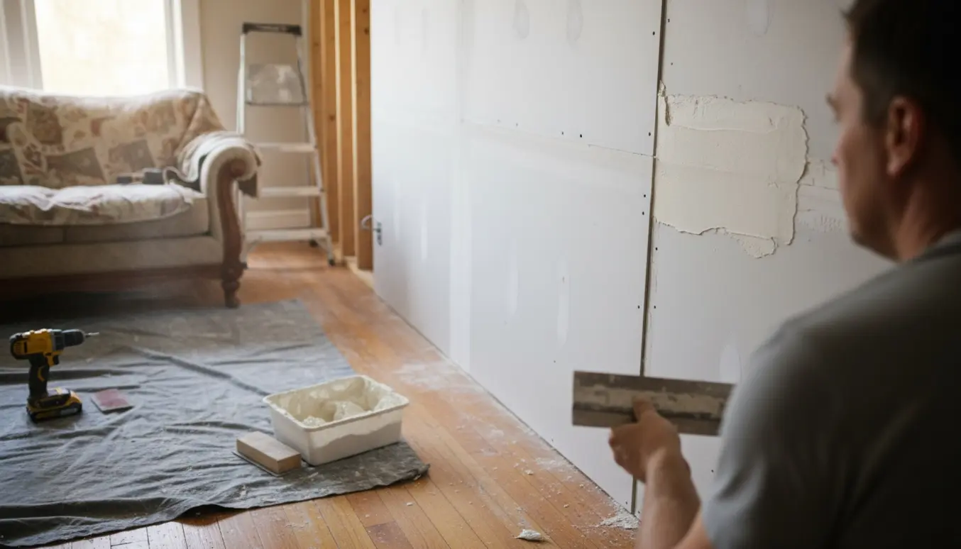 En stue under renovering med opsat gipsvæg, værktøj og en person, der udglatter frisk spartelmasse.