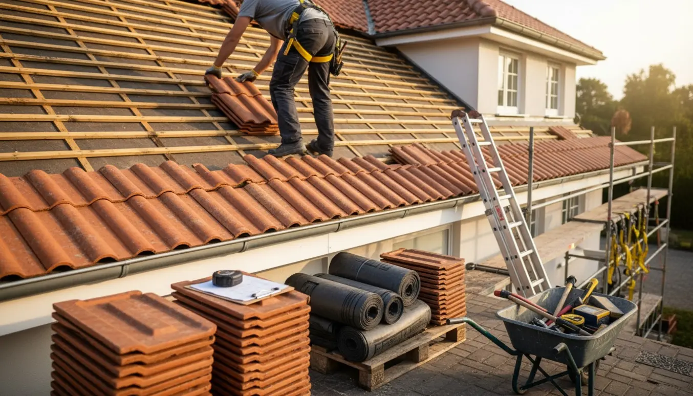 Udskiftning af tag med røde B7-lignende tagsten på et enfamiliehus, arbejdere uden synlige ansigter.