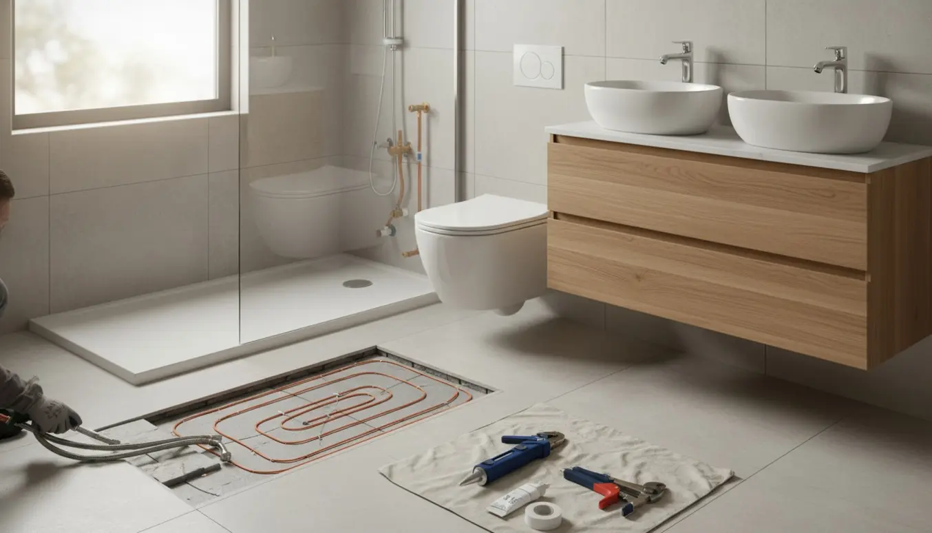 Badeværelse under opgradering med nyt italiensk brusekar, glasvæg, dobbelte vaske, toilet og synlige gulvvarmekabler.