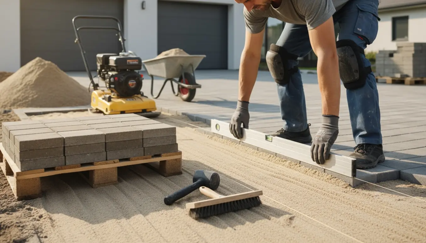 Håndværker retter sand og lægger 40x40 betonfliser i en indkørsel med værktøj og palle fliser i baggrunden.