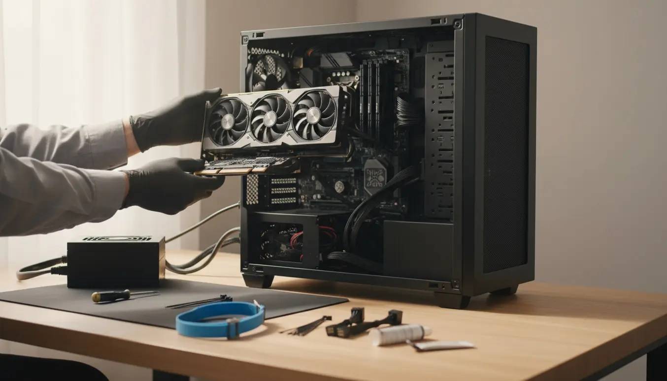 Åben stationær computer på et skrivebord, hvor hænder installerer et nyt grafikkort og skifter en større strømforsyning.