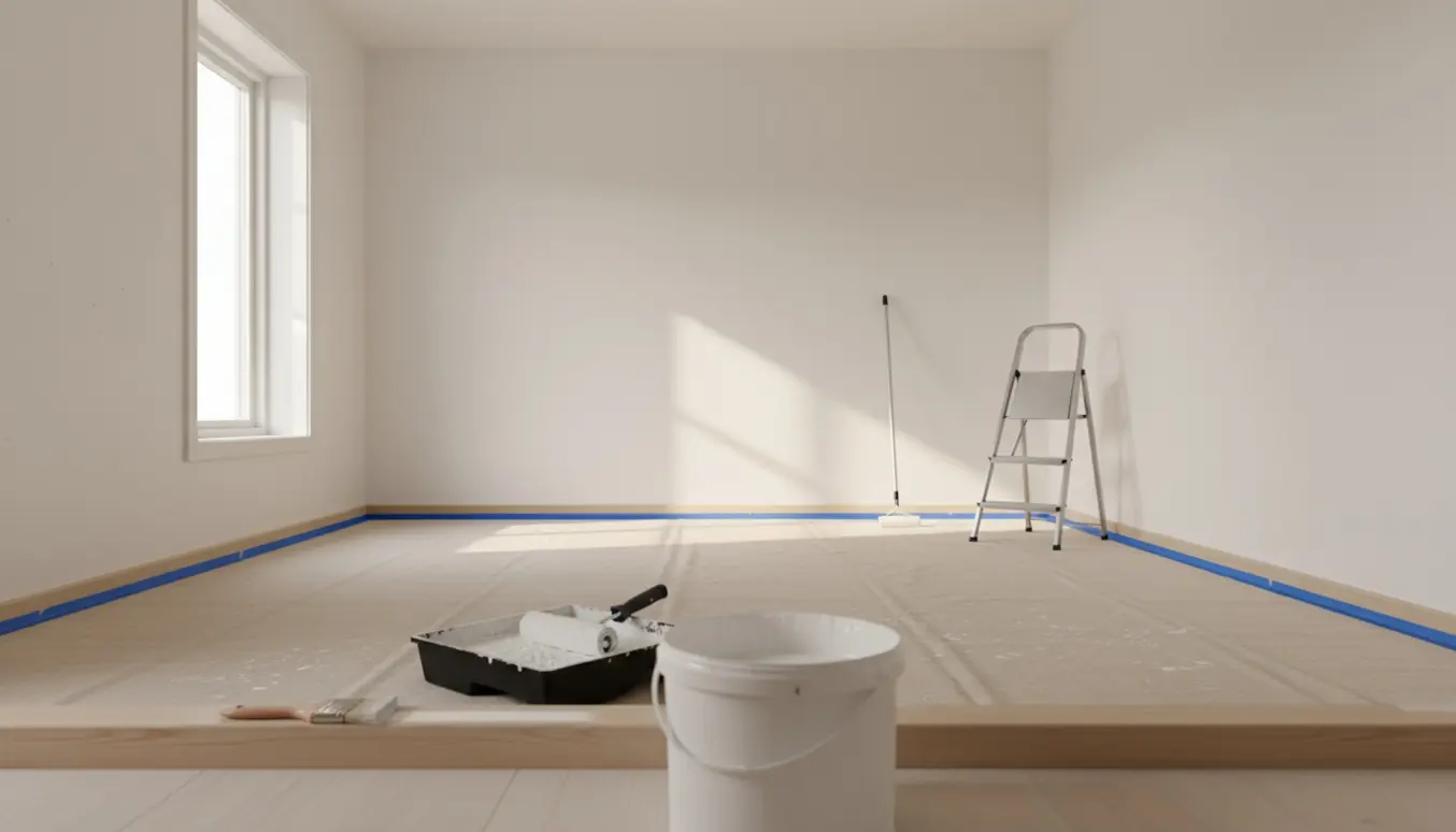 Maleredskaber i et lille hvidt værelse klar til maling af vægge, loft og tynd gulvliste.