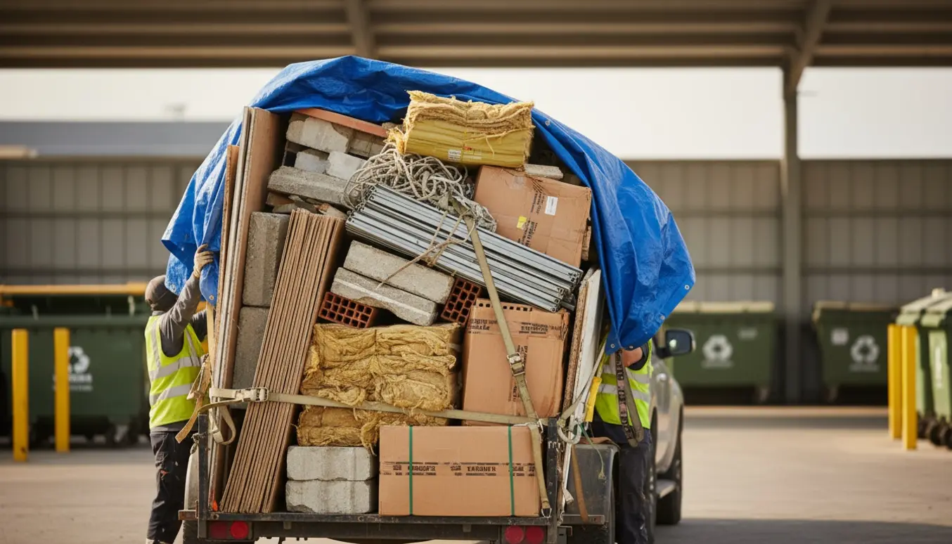 Trailer lastet med byggeaffald og sammenfoldet pap ved en genbrugsstation, folk set bagfra binder presenning.