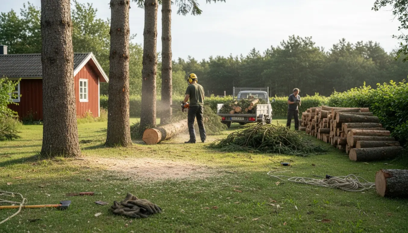 Fældning og opskæring af grantræer på en sommerhusgrund i Vestsjælland med stabler af 2 m stammer og en trailer fyldt med grene.