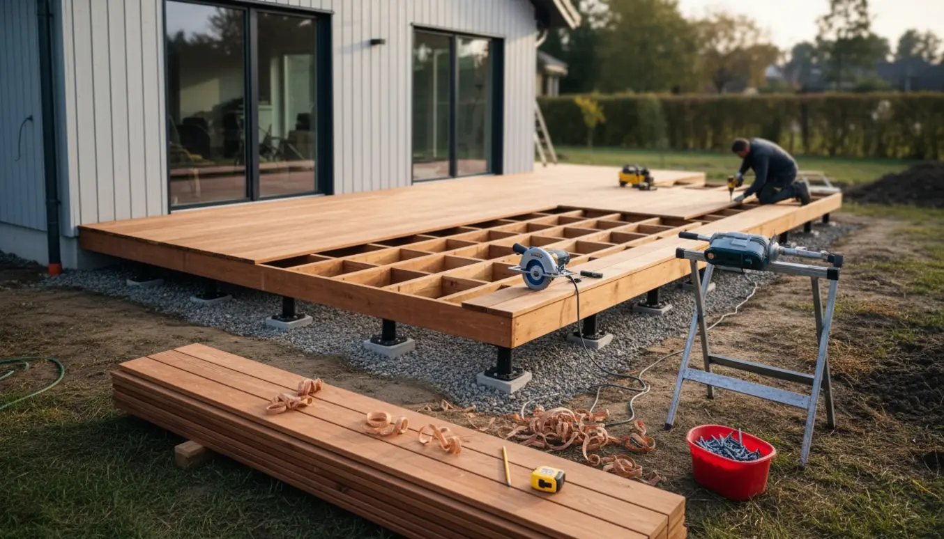 Delvist færdig træterrasse i lærk ved nybygget hus med værktøj og håndværker set bagfra.