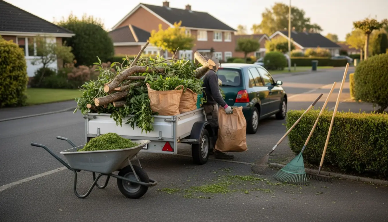 Trailer ved vejkanten fyldt med grene og poser med haveaffald klar til aflevering.
