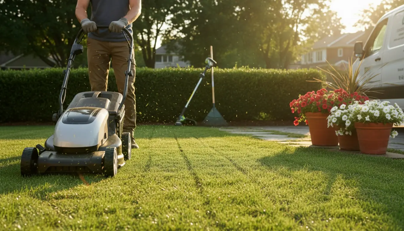 En plæneklipper i aktion på en soloplyst have med tydelige striber på det nyklippede græs og en arbejder set bagfra.