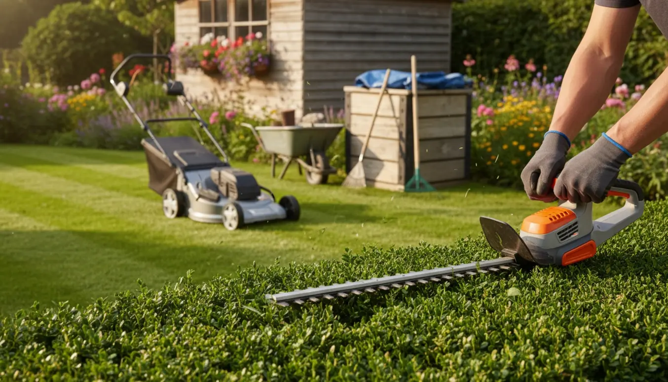 Hækkeklipning med beskæresaks i forgrunden og en nyslået plæne med plæneklipper i baggrunden.