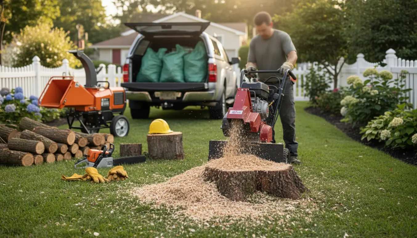 Rodfræsning og fjernelse af to små fældede træer i en have med træaffald og udstyr.