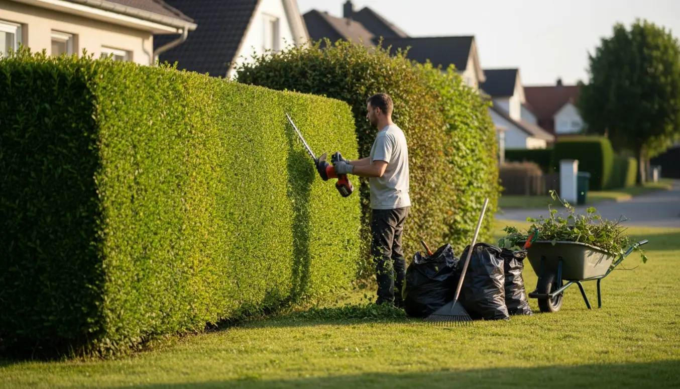 Person trimmer den ene side af en parcelhushæk med afklip samlet i poser og en trillebør.