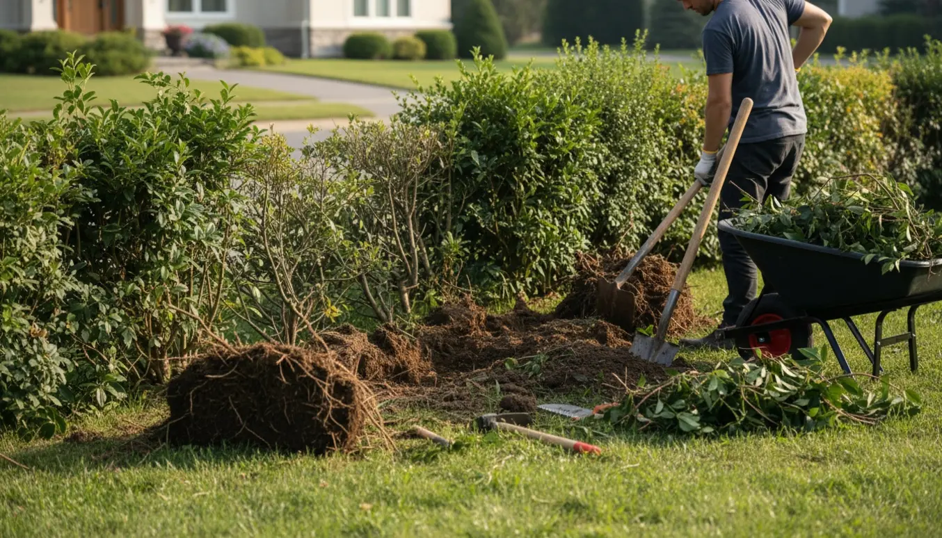 Opgravning af en ca. 1,5 m høj blandet hæk ved en græsrabat med skovl, trillebør og synlige rodklumper.