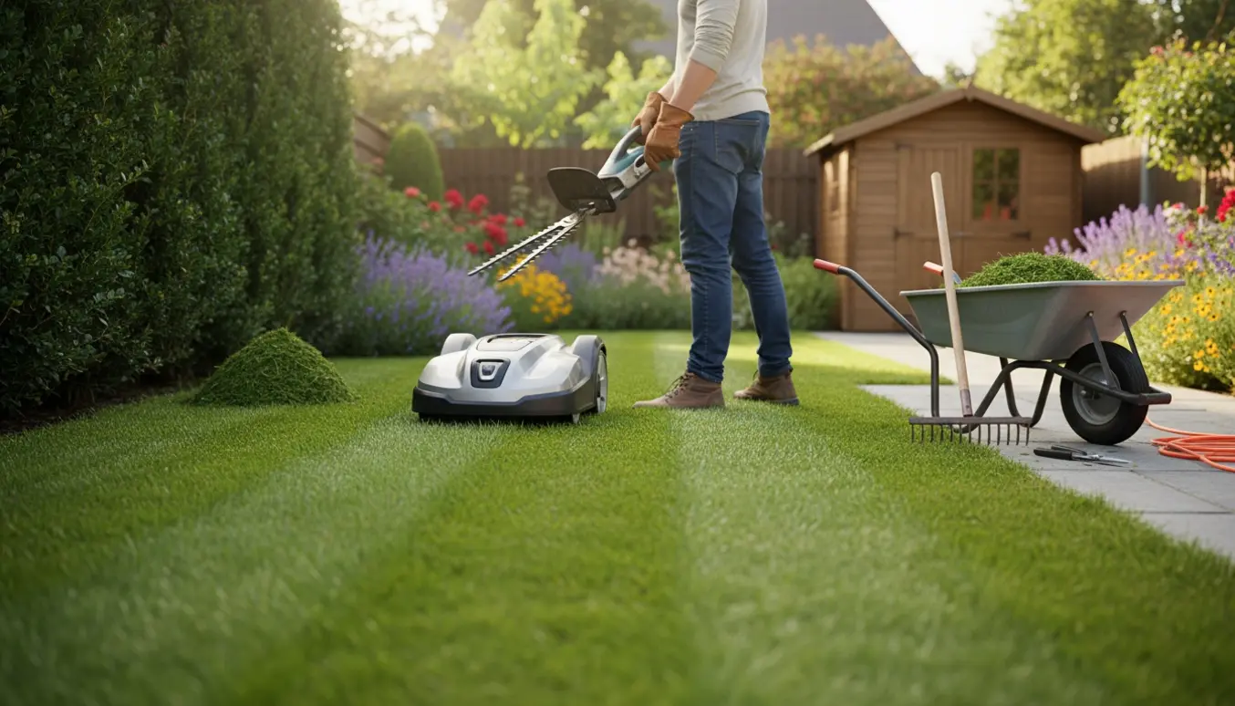 Nyslået græs og en nyskåret hæk i en solbelyst villahave med haveredskaber synlige.