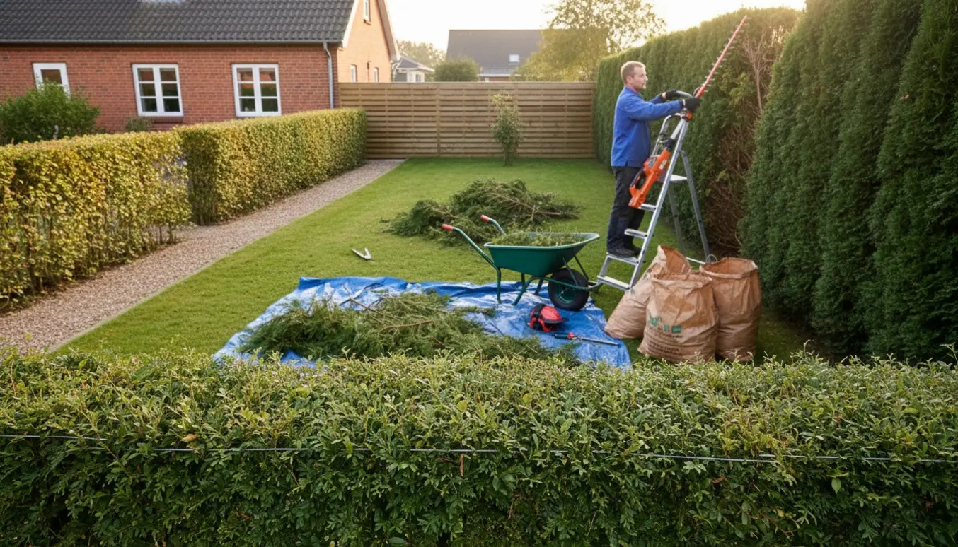 En forstadshave med en Thuja-hæk, der bliver klippet ned, og bunker af afklip klar til bortskaffelse.
