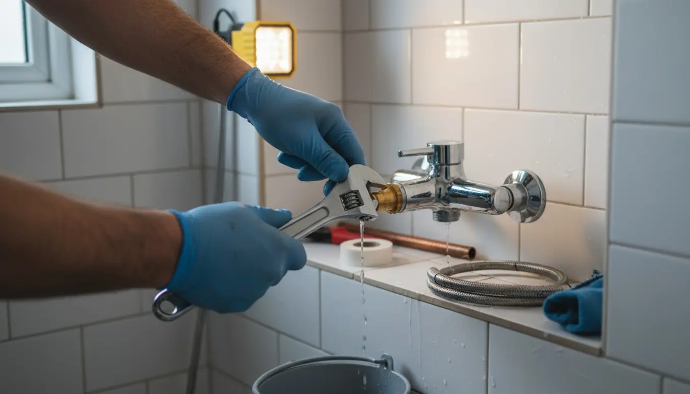 Håndværker udskifter et utæt blandingsbatteri i en flisebelagt bruseniche med værktøj og dryppende rør.