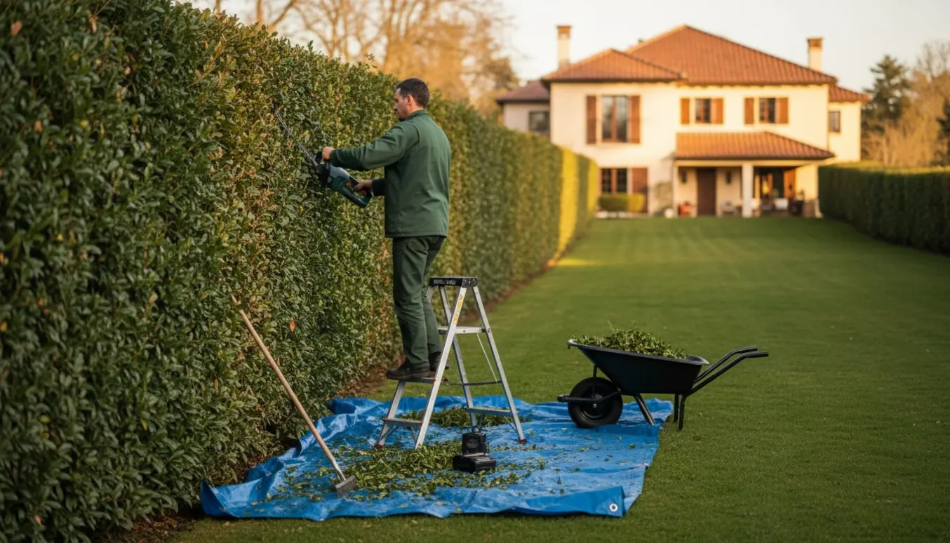 Person klipper en lang hæk, der er lavere i den ene ende og højere ved huset, med hækkeklipper og samling af afklip i en skovl.