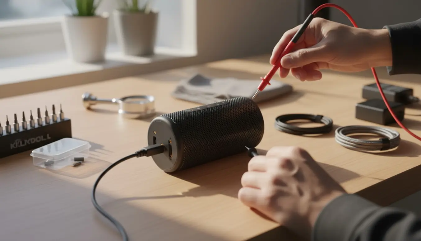 Nærbillede af en bærbar højttaler uden logo med orange ladelys, mens hænder tester opladningsporten med et multimeter på et arbejdsbord.