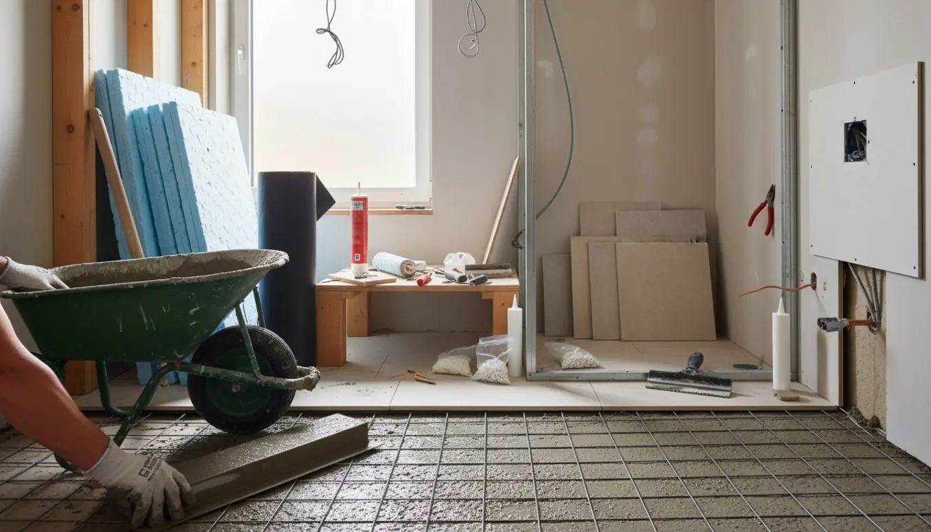 Badeværelse under renovering med rionet, nystøbt gulv, isoleringsplader, vådrumsmembran, fliser og el-installation.