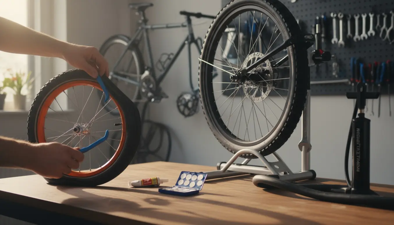 Hænder lapper og skifter slange på baghjul fra en børnecykel og et baghjul fra en ladcykel ved et lyst værkstedsbord.
