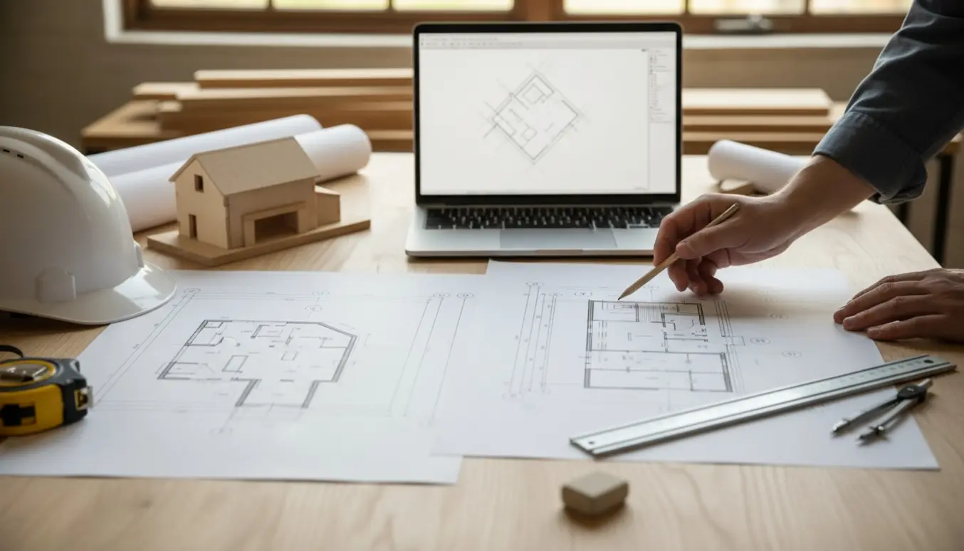 Solbelyst arkitektbord med plantegning, snit og facadetegning til ombygning af en stald, laptop og værktøj.