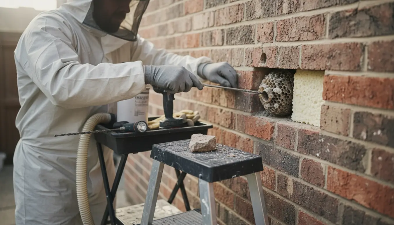 Person i beskyttelsesdragt fjerner et hvepsebo fra hulmur med en indsprøjtningsdyse.