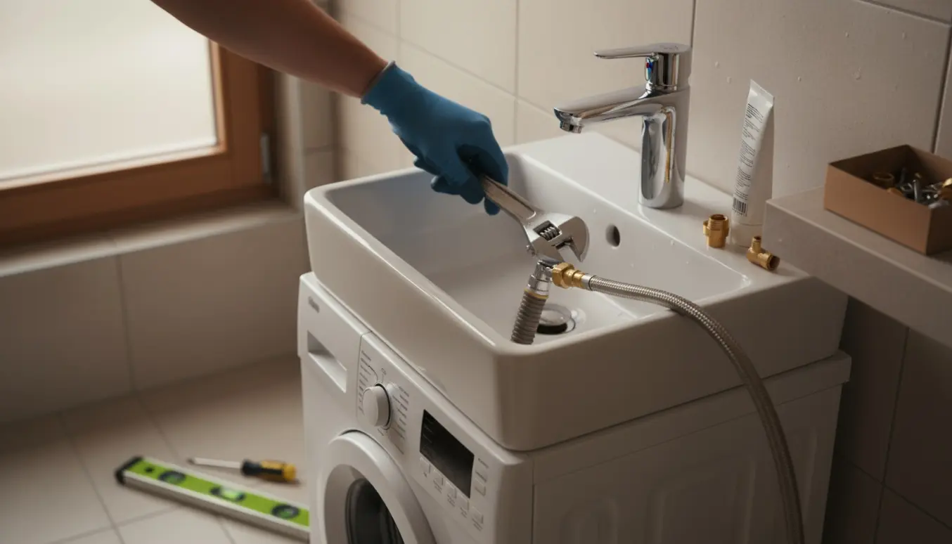 Hænder forbinder slanger på en smal vaskemaskine med håndvask under installation i et lyst, kompakt badeværelse.