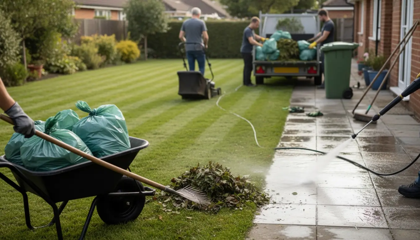 Haveoprydning med klipning af græs, opsamling af blade, rensning af fliser og affaldsopsamling.