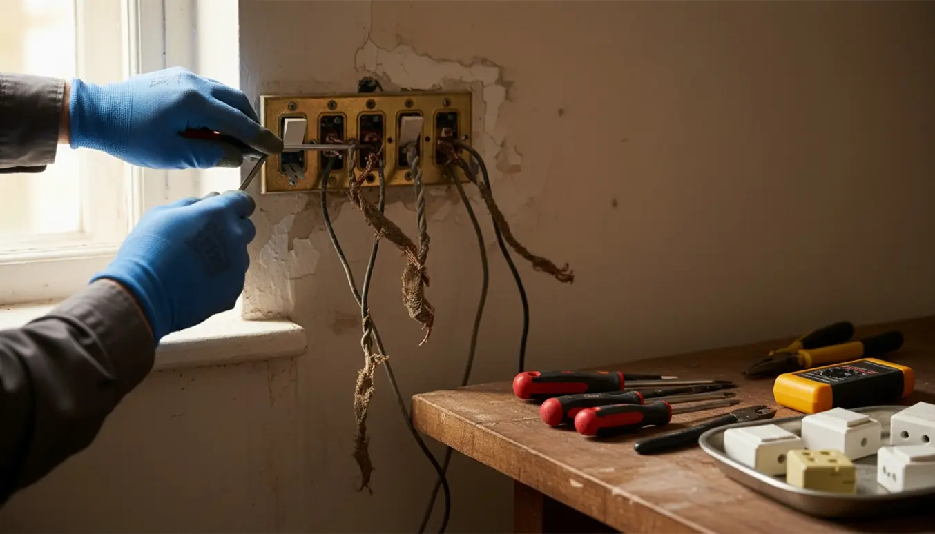 En elektriker udskifter fem meget gamle vægafbrydere indendørs, med værktøj og nye samt brugte stikkontakter på et bord.