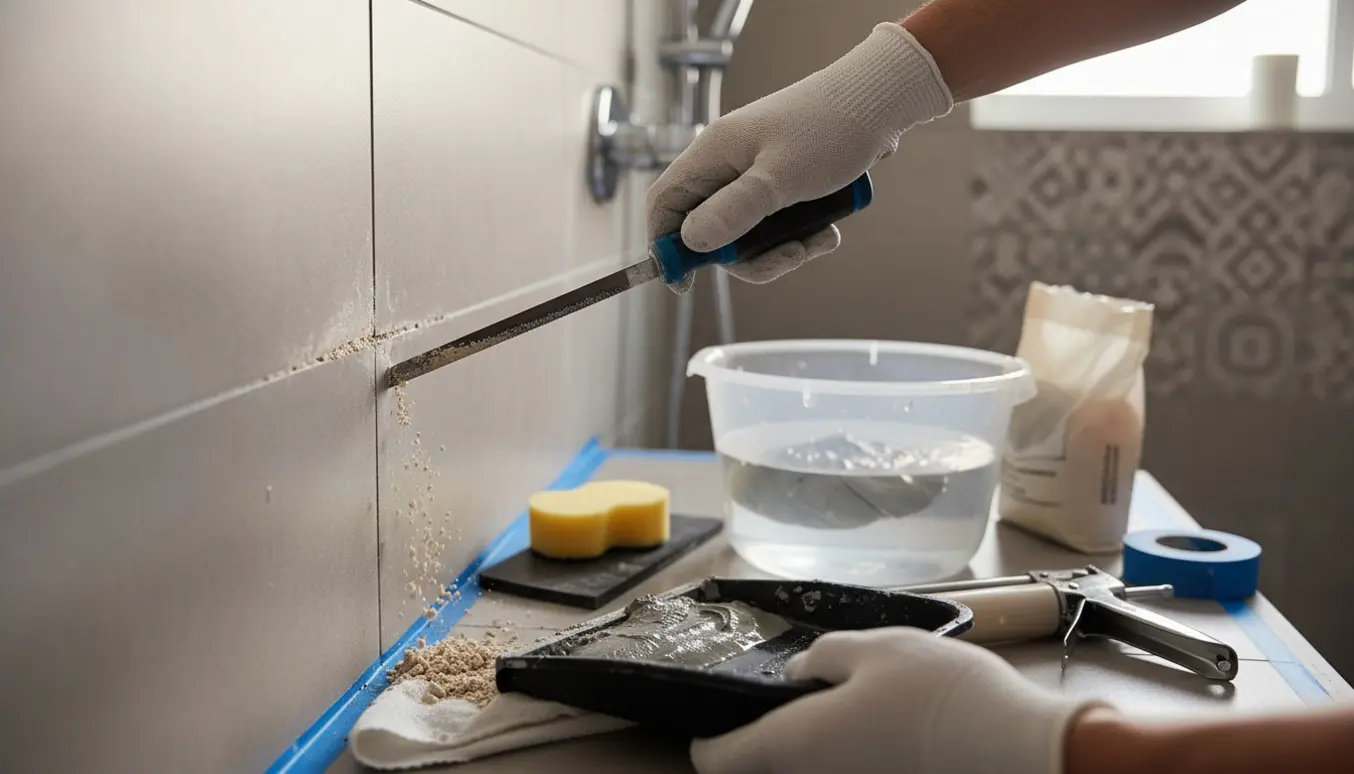 Nærbillede af handskerede hænder, der fjerner gammel porøs fuge mellem brusefliser, med nyt fugeudstyr ved siden af.