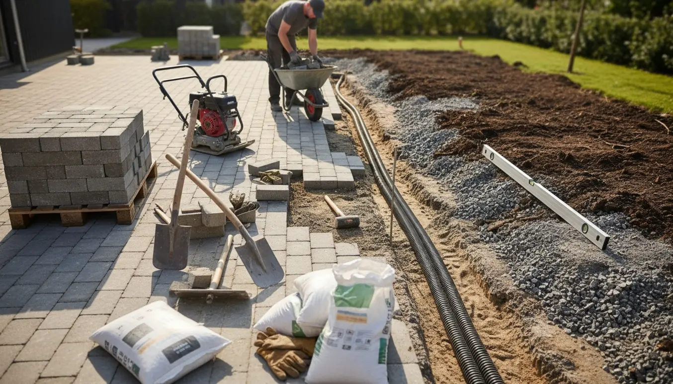 Delvist færdig terrasse med Hjertingsten, udgravet fundament, drænrør og værktøj klar til fliselægning.