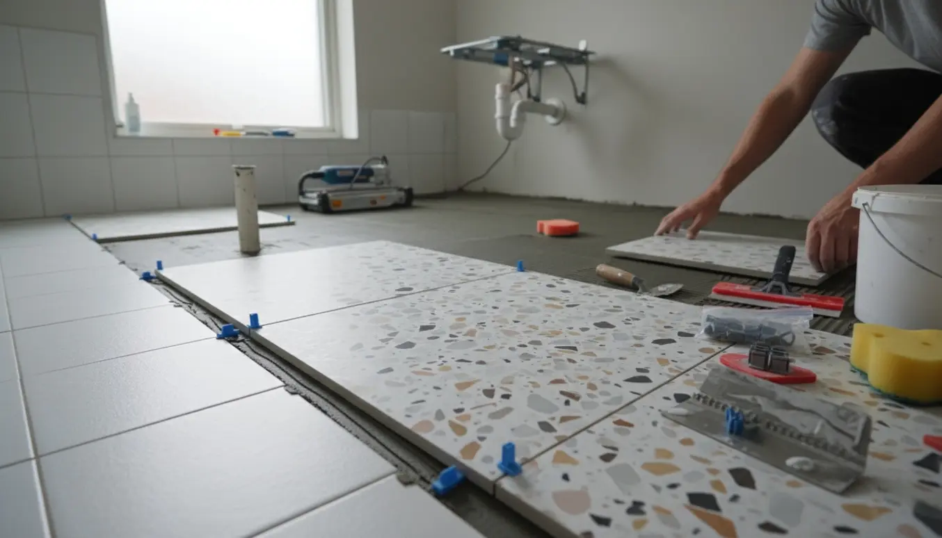 Nyt terrazzo-gulv lægges i et lille badeværelse med værktøj og væghængt toilet i baggrunden.