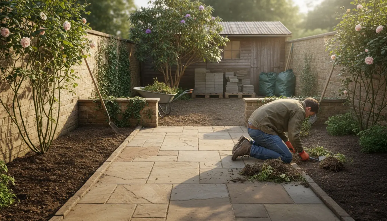 To små gårdhaver, hvor ukrudt fjernes med værktøj, paller med fliser i baghaven og en stor rhododendron bevaret.