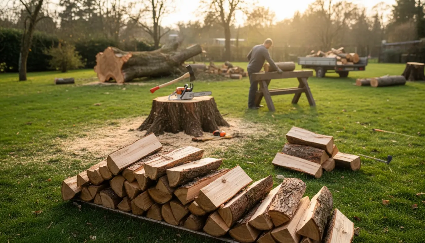 Have med fældede træer, stabler af kløvet brænde og en person set bagfra ved værktøj og motorsav.