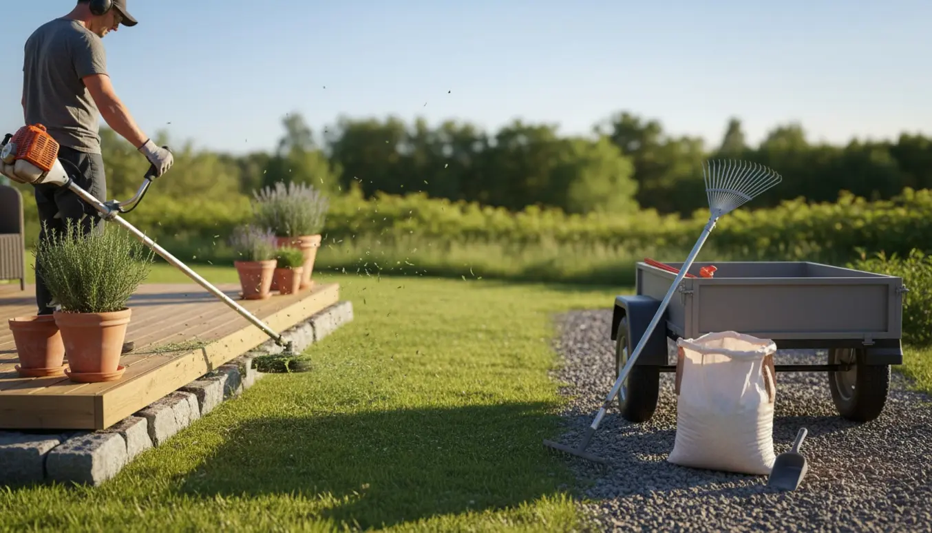 Person set bagfra bruger buskrydder til at slå græs ved en sydvendt terrasse med en trailer og en åben sæk salt ved siden af.